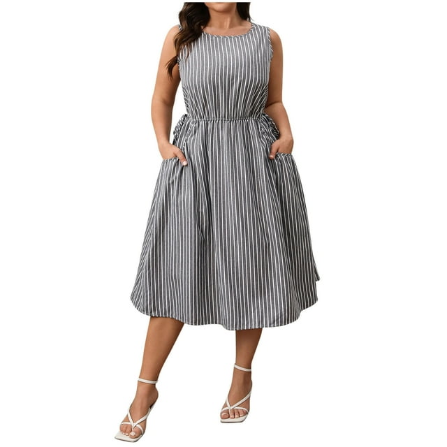 biudgviw Robe Débardeur pour Femme Grande Taille Décontractée Sans Manches à Col Ras du Cou à Rayures Évasée Midi Robe d'Été avec Poches
