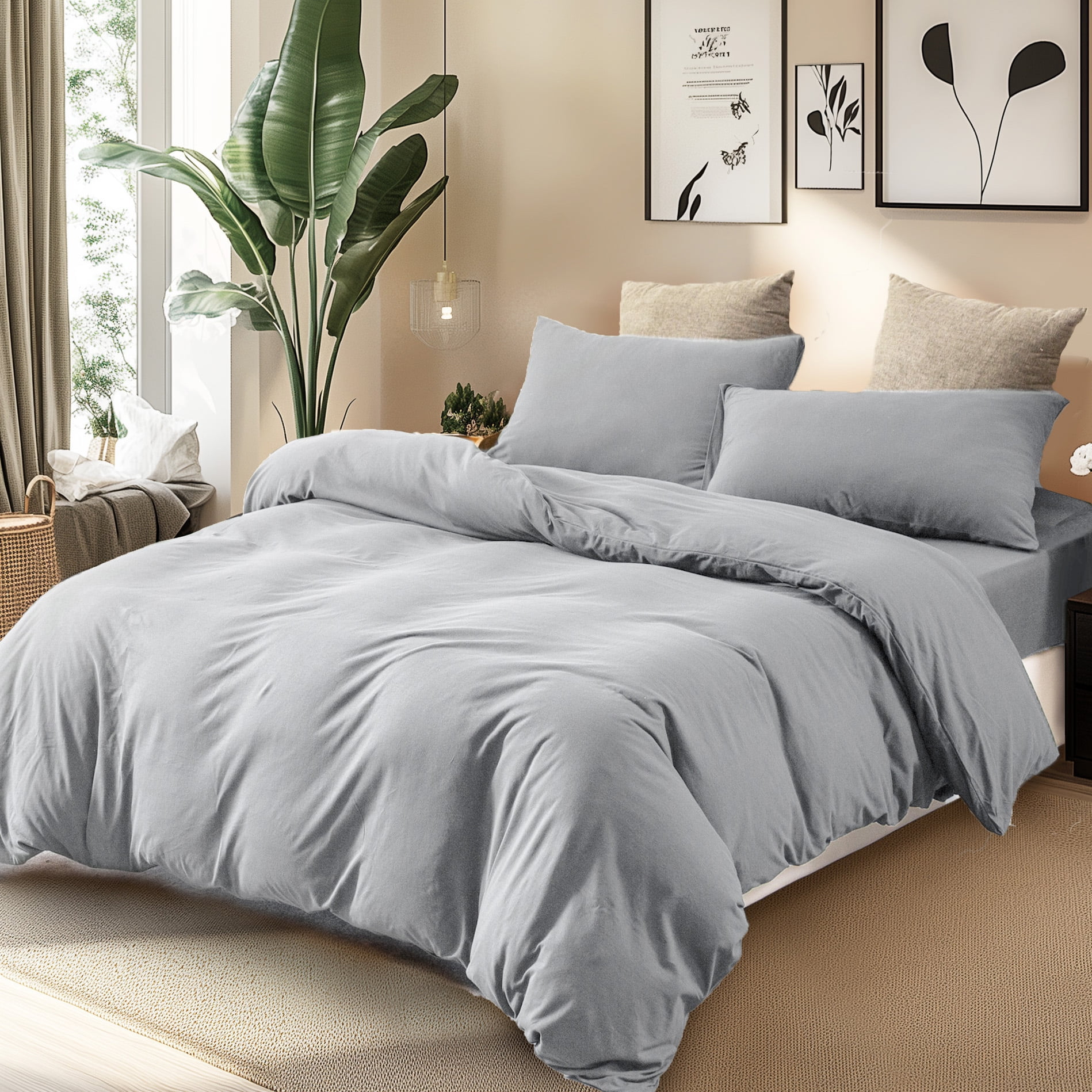 PURE ERA Duvet Cover Set Jersey Knit Cotton 100%,Ultra Soft 3Piece Bedding Set(King Size, Solid Light Gray)