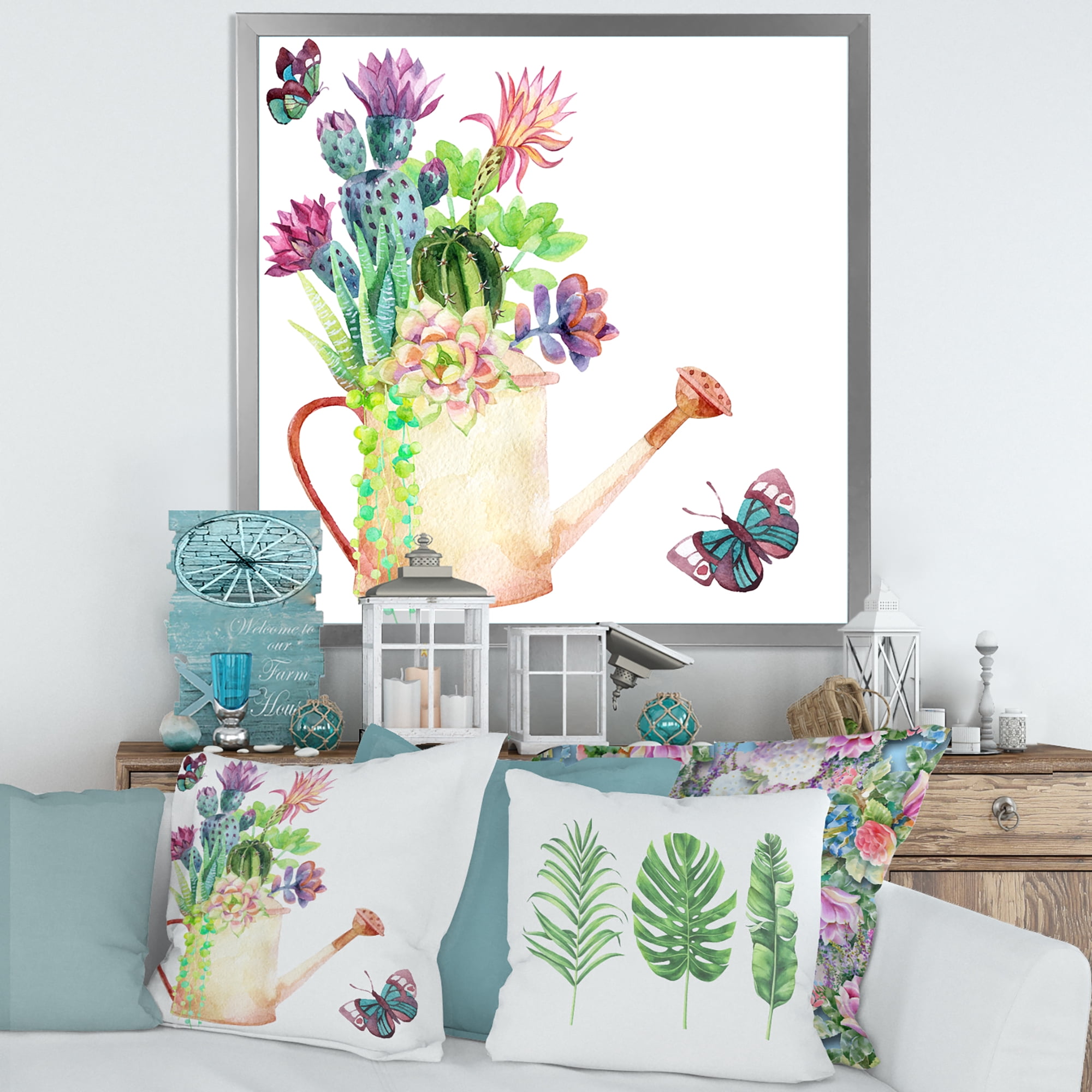 Succulents In Old Watering Can With Butterfly 36 in x 36 in Framed Painting Canvas Art Print, by Designart