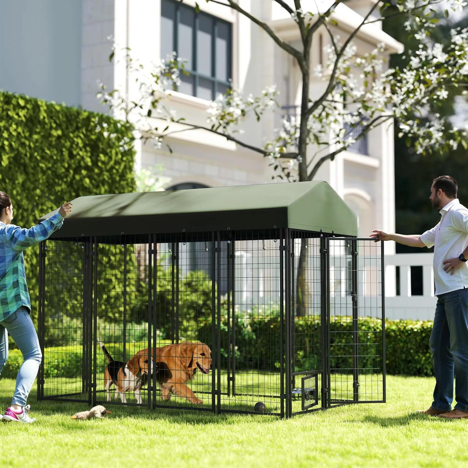 Pefilos 94" Outdoor Dog Kennel with Rotating Bowl Holders, Dog House Pet Playpen with Waterproof Cover for Large Dogs, Green