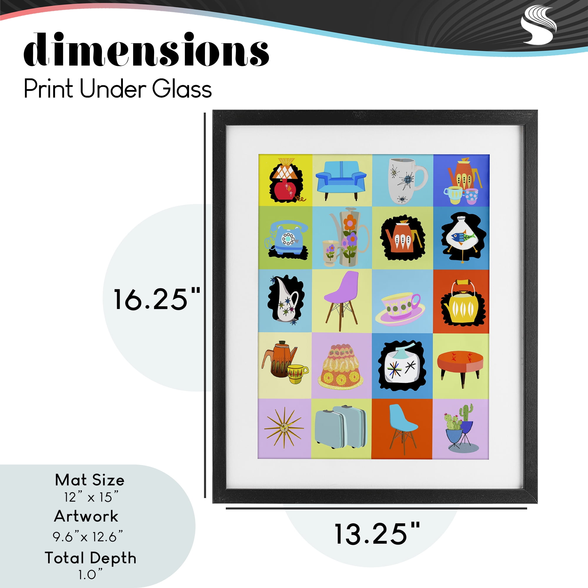 Retro Vintage Vignettes Black Framed Print Under Glass, design by Lynnda Rakos