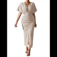 thumbnail image 1 of Vestido de Cóctel para Mujer, con Efecto Metalizado, Cruzado, Color Liso, Escote en V, Plisado, Abertura Alta, Corta, Midi, Color Albaricoque L, 1 of 9