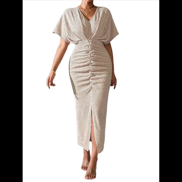 Vestido de Cóctel para Mujer, con Efecto Metalizado, Cruzado, Color Liso, Escote en V, Plisado, Abertura Alta, Corta, Midi, Color Albaricoque XL