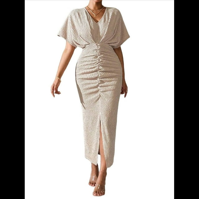 Vestido de Cóctel para Mujer, con Efecto Metalizado, Cruzado, Color Liso, Escote en V, Plisado, Abertura Alta, Corta, Midi, Color Albaricoque L