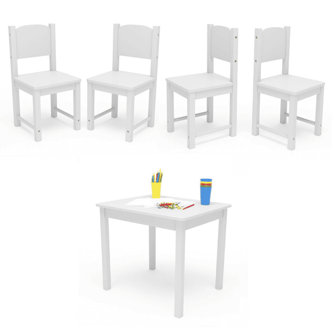 Kid’s Table and 4 Chairs Set Solid Hard Wood Child Table and Chairs White for Sturdy,Playing