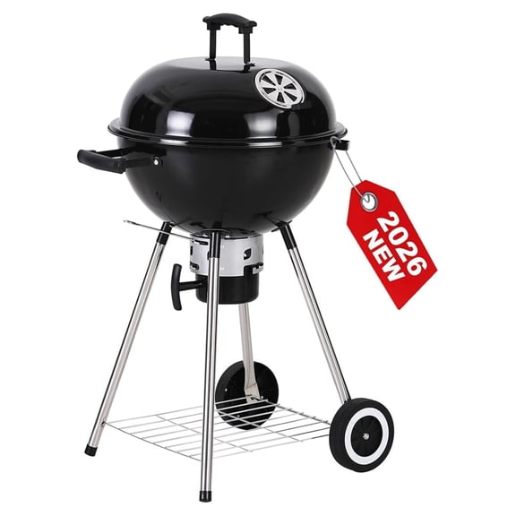 18 inch Kettle Charcoal BBQ Grill with Wheels, Portable Charcoal Grill with Porcelain-Enameled Lid & Catcher for Outdoor Cooking Barbecue Camping Picnics Tailgating, Black