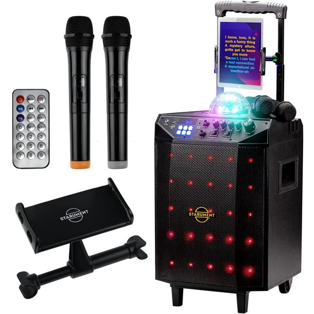 Portable Karaoke Machine - Starument Wireless Bluetooth Speaker System with USB, TF, Radio, AUX & Microphone Input - LED Light, Disco Ball, Wheels & Speaker Stand - High-Power, Clear Sound -