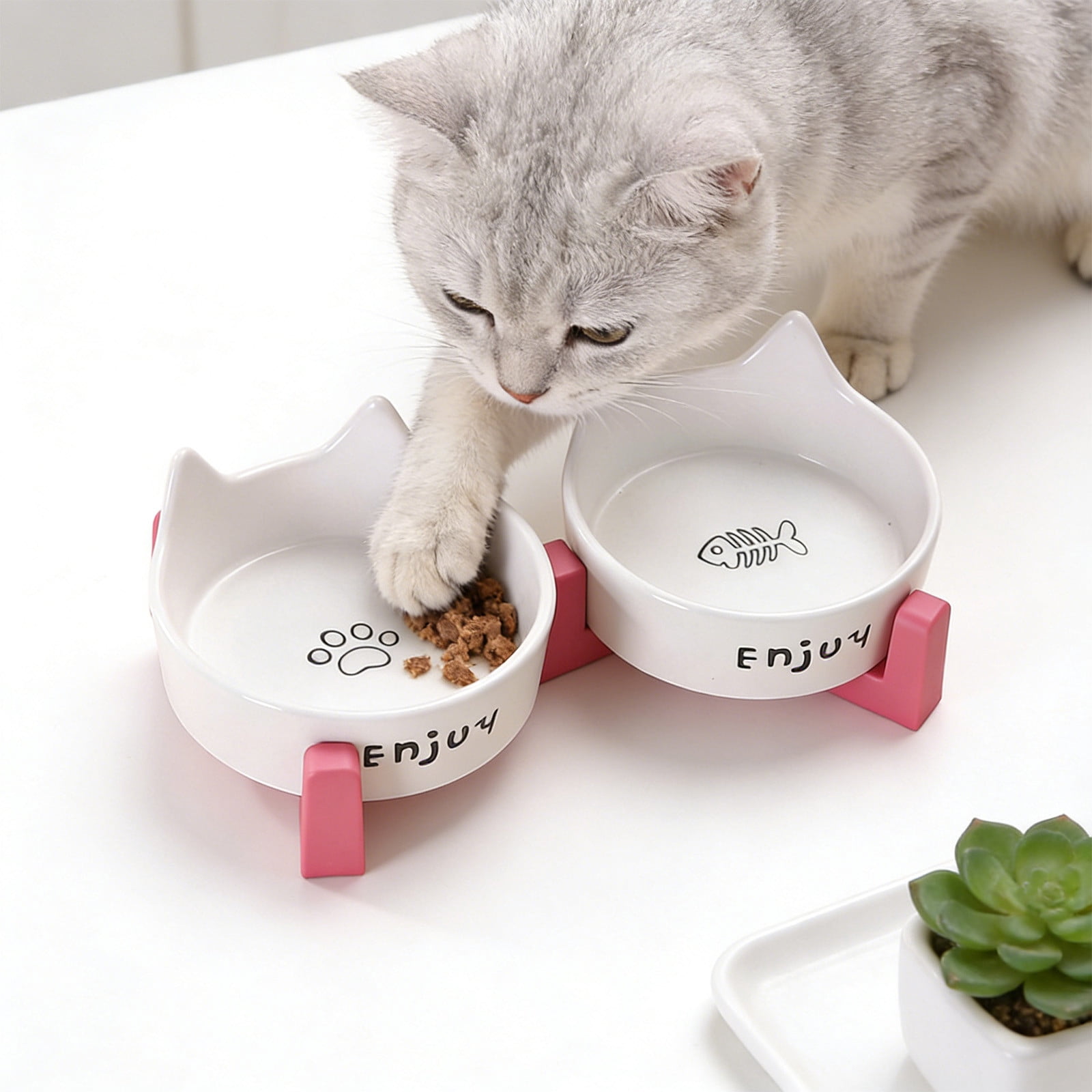 Double Ceramic Cat Dog Bowl Raised Pet Food And Water Dish Wide Mouth Anti Whisker Fatigue Neck Protection Elevated Feeding Station Stable Heavy Base Easy Clean Durable Pet Bowl