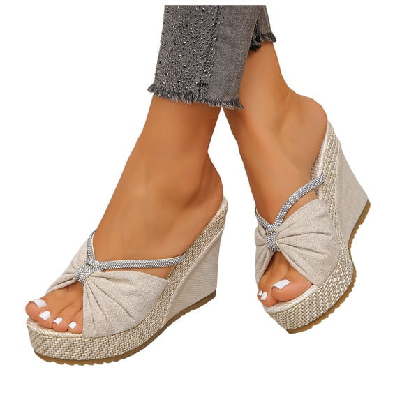 Rokment Women's Bow Platform Wedge High Heels Dressy Slip on Sandals Fashion Casual Bowknot Espadrilles Ultra Chunky Heeled Dress Slides Summer Shoes for Bride Wedding Beige Size 6.5