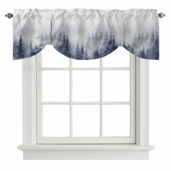 Tie Up Valances for Windows, Blue Mist Forest Adjustable Valance Curtains Window Treatment for Living Room/Bedroom, Pine Larch Trees Natural Landscape Rod Pocket Kitchen Curtains & Drapes 42x18 Inch