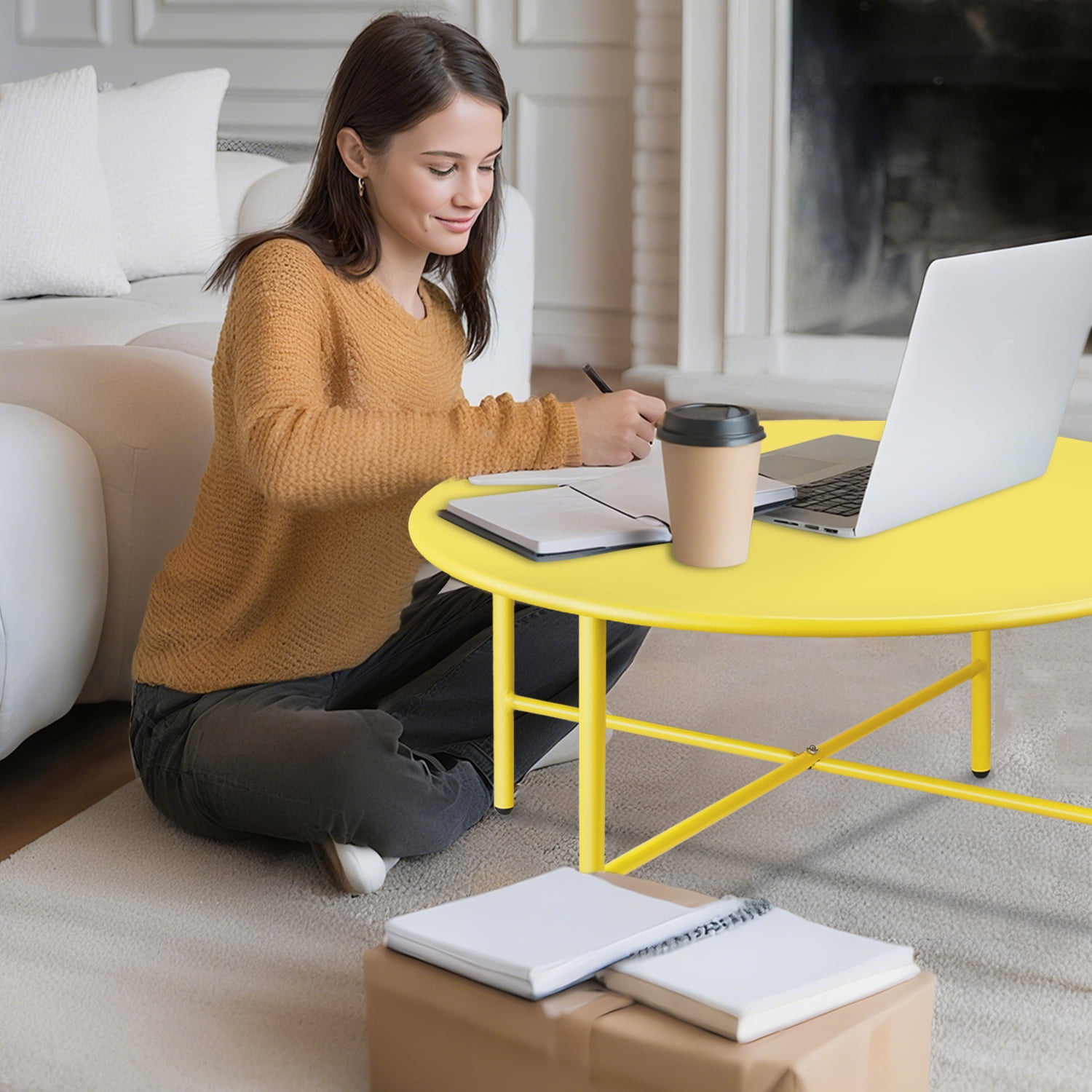 CERBIOR Patio Round Steel Coffee Table, Weather Resistant Anti-Rust and Waterproof Indoor and Outdoor Large Side Table, for Garden Living Room Bedroom Balcony（Lemon Yellow）