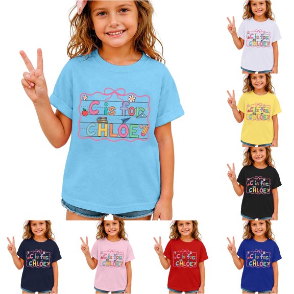 Ulitacool Girl Tops Round Neck Graphic Prints Short Sleeve Tee 3-4 Years Sky Blue
