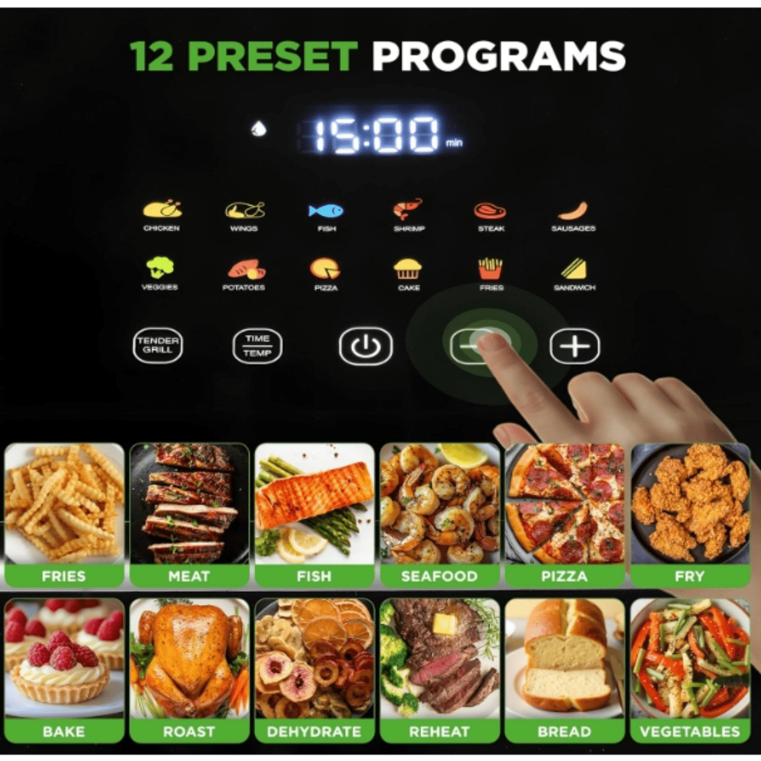 6 Liter Electric Air Fryer & Food Steamer Function | 12-1 Preset Cooking Functions, Fries, Chicken, & More | Transparent Window & Food Steaming option for Best Cooking Results | Black