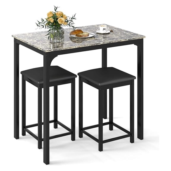 3 Pcs Dining Table and Chairs Set with Faux Marble 2 Chairs Contemporary Dining Table Set for Home or Hotel Dining Room, Kitchen or Bar (Beige & Black)