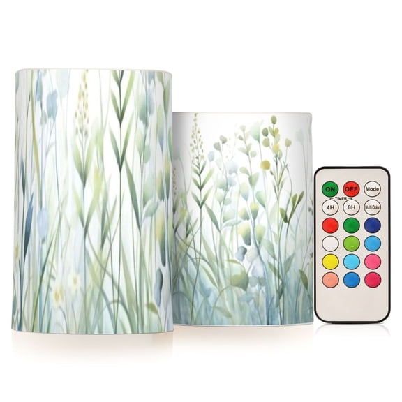 Watercolour Plants and Flowers Flickering Flameless Candles Battery Operated with Remote Timer LED Pillar Candles Set of 2