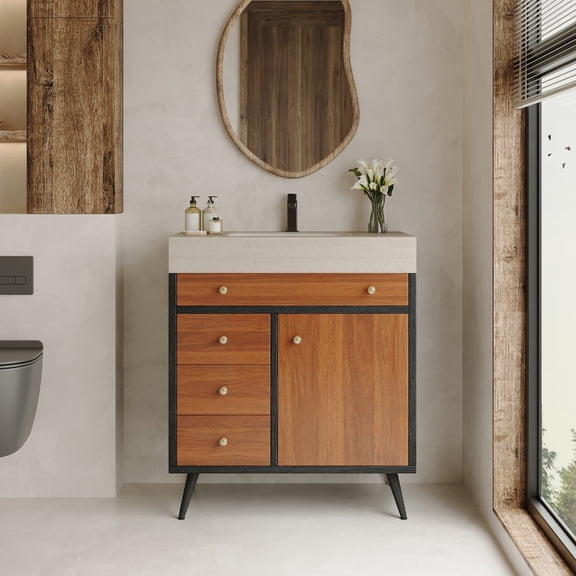 FFZ 30" Freestanding Black Bathroom Vanity with Sintered Stone Countertop and Ceramic Basin Sink, Modern Bathroom Cabinet with 3 Soft Closing Drawers, Hidden Handle, Powder-Coated Metal Legs