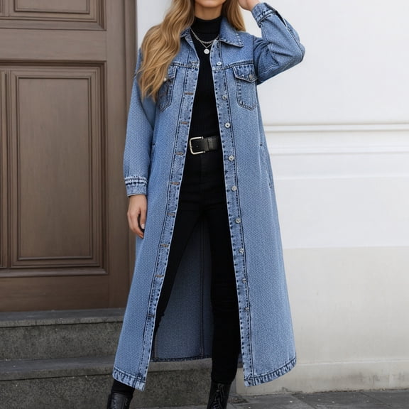 Womens Coats And Jackets Long Denim Overcoat Loose Button Down Jean Jacket (Blue S)