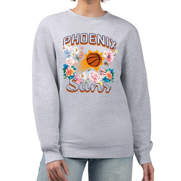 Women's G-III 4Her by Carl Banks Heather Gray Phoenix Suns Flowers Team Logo Graphic Fleece Crewneck Pullover Sweatshirt