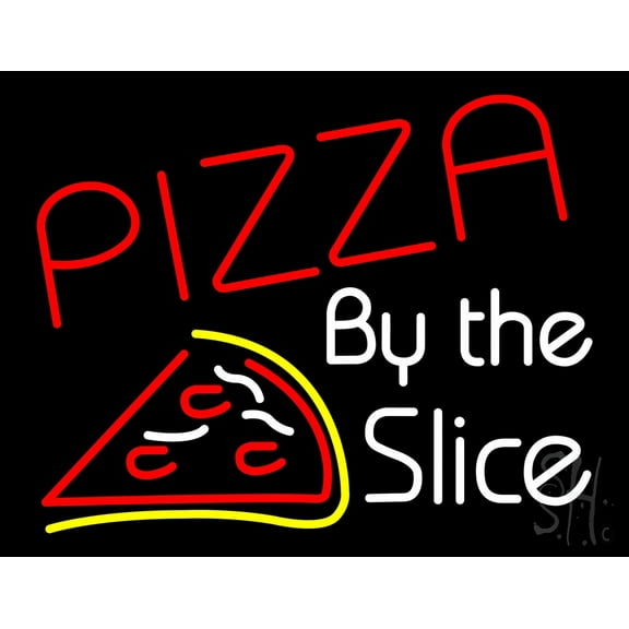 Pizza By The Slice LED Neon Sign 15 x 19 - inches, Clear Edge Cut Acrylic Backing, with Dimmer - Bright and Premium built indoor LED Neon Sign for restaurant window and interior decor.