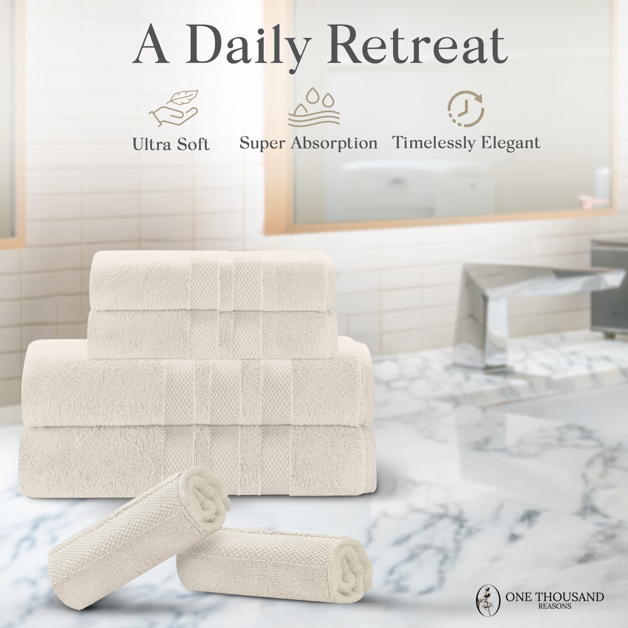 One Thousand Reasons Superior Zero Twist 3 Stripe Towel Set | Bath, Gym, Hand Towels | Luxury & Soft Cotton - Sand (6 Pieces)