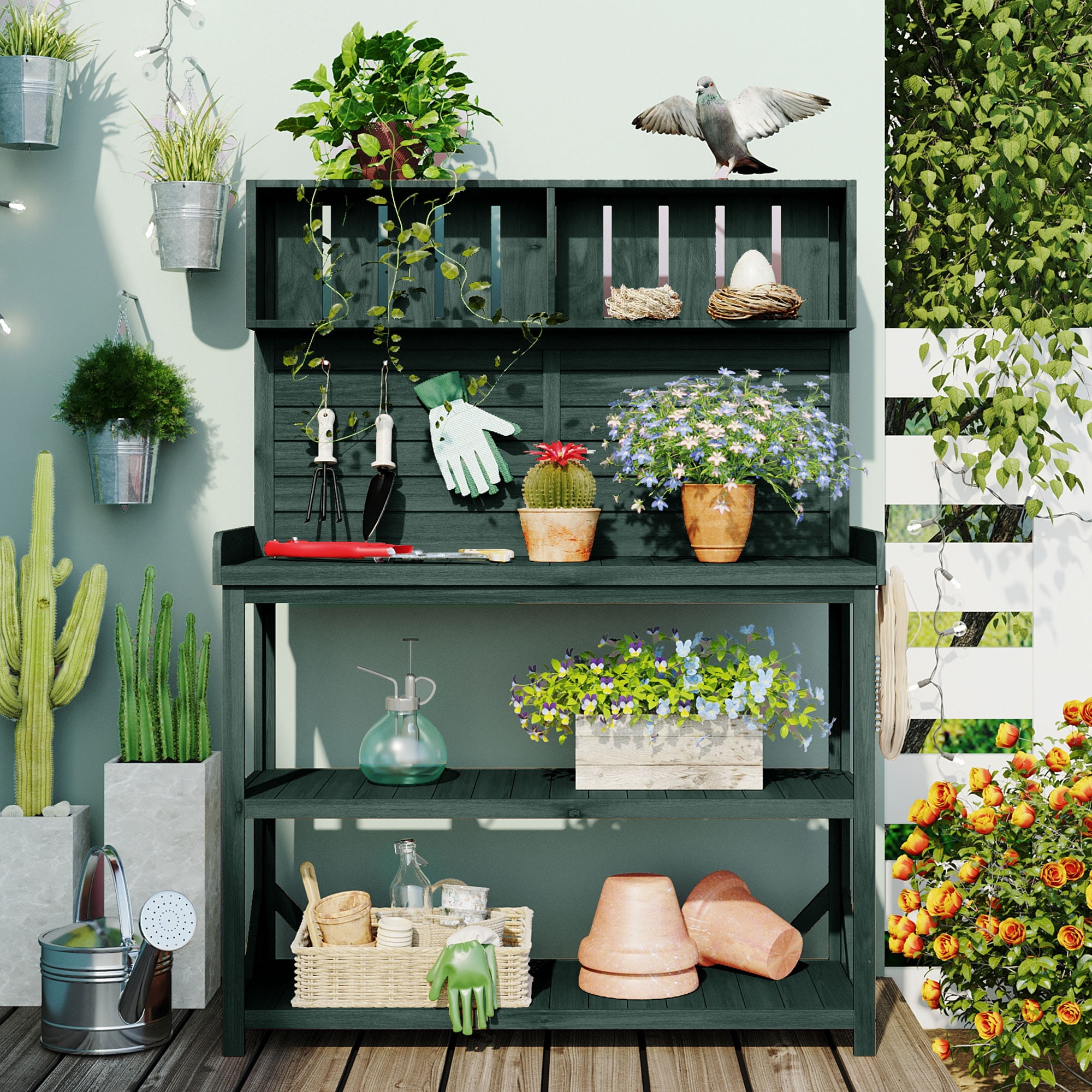 Euroco Garden Potting Bench with 4 Storage Shelves and Side Hook, 65" Large Wooden Farmhouse Rustic Outdoor Potting Bench Table, Patio Workstation,Forest Green