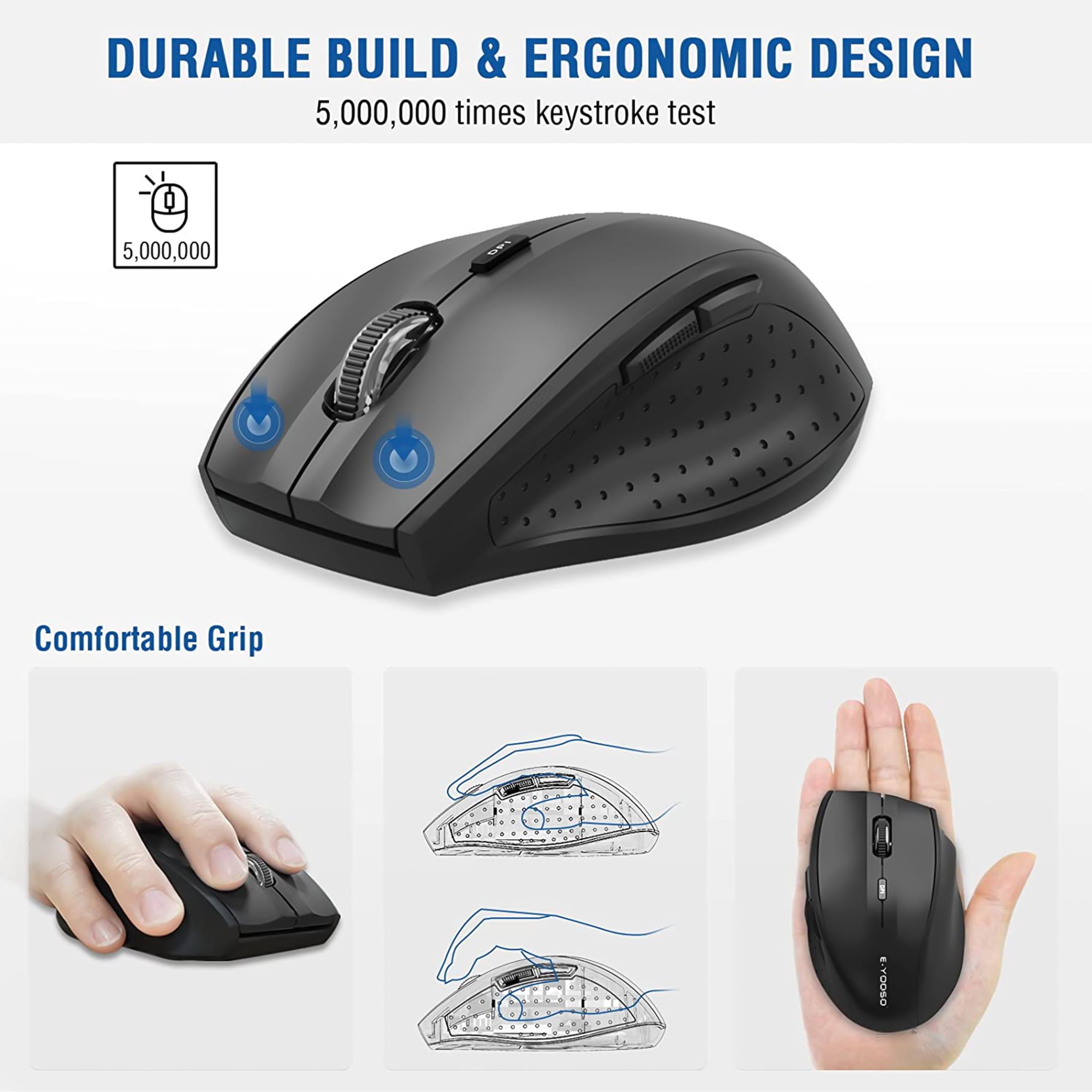 E-YOOSO Wireless Mouse, Computer Mouse 18 Months Battery Life Cordless Mouse, 5-Level 2400 DPI, 6 Button Ergo Wireless Mice, 2.4G Portable USB Wireless Mouse for Laptop, Mac, Chromebook, PC(Black)