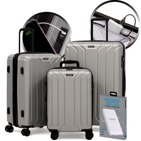 NONSTOP NEW YORK Luggage Expandable Spinner Wheels hard side shell Travel Suitcase Set 3 Piece Lightweight, TSA Lock, Double USB Port 2 packing cubes (Silver, 3-Piece Set (20/24/28) W/ Power Bank)