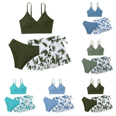 WUANDIXFA Toddler Swimsuit Girls Swim Cover Up Toddler Girl s 3 Piece Swimsuits Soild Bikini Rullfe Bathing Suit Briefs Girls Bikini Swimwear Set Green 14-15 Years