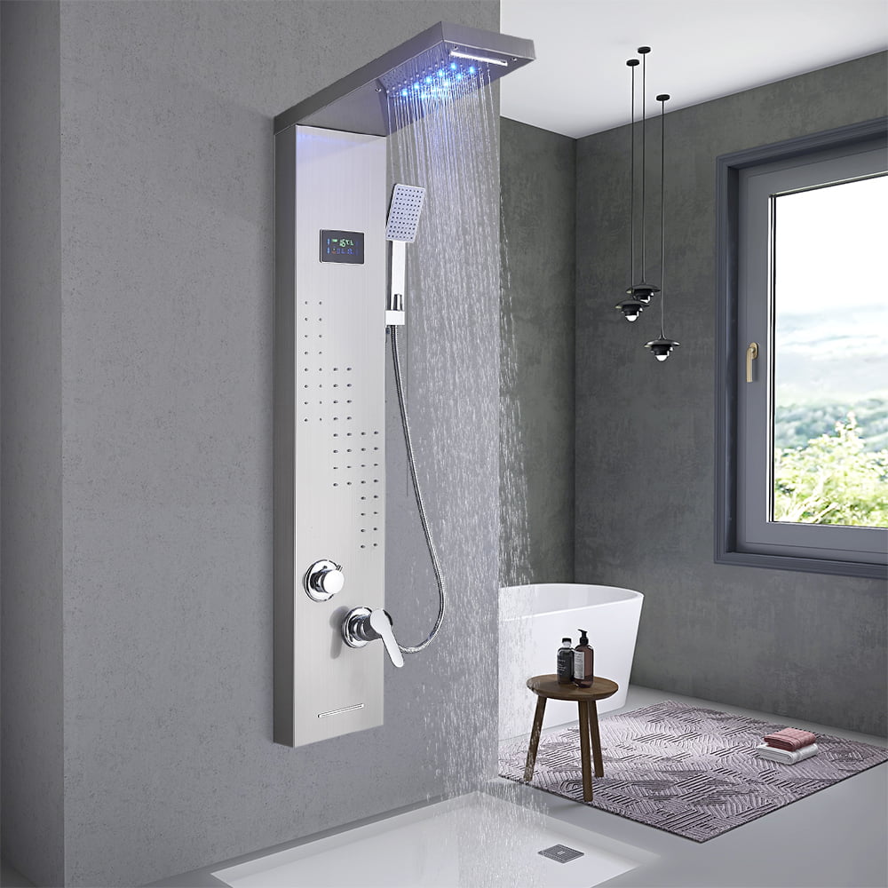 Stainless Steel LED Shower Panel Tower Rainfall Shower W/ Masssage Jets System 