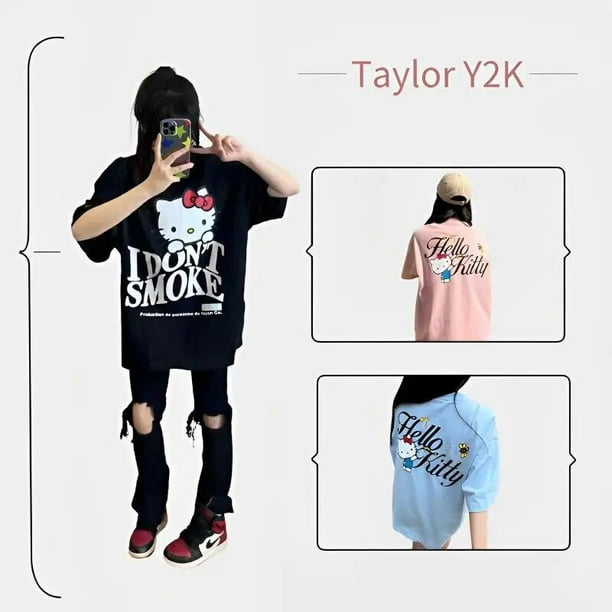Sanrio Hello Kitty Camiseta 100 de algodon con dibujos animados de Anime Y2K Top de cuello redondo para chica picante ropa holgada y versatil a la moda Bodega Aurrera en linea