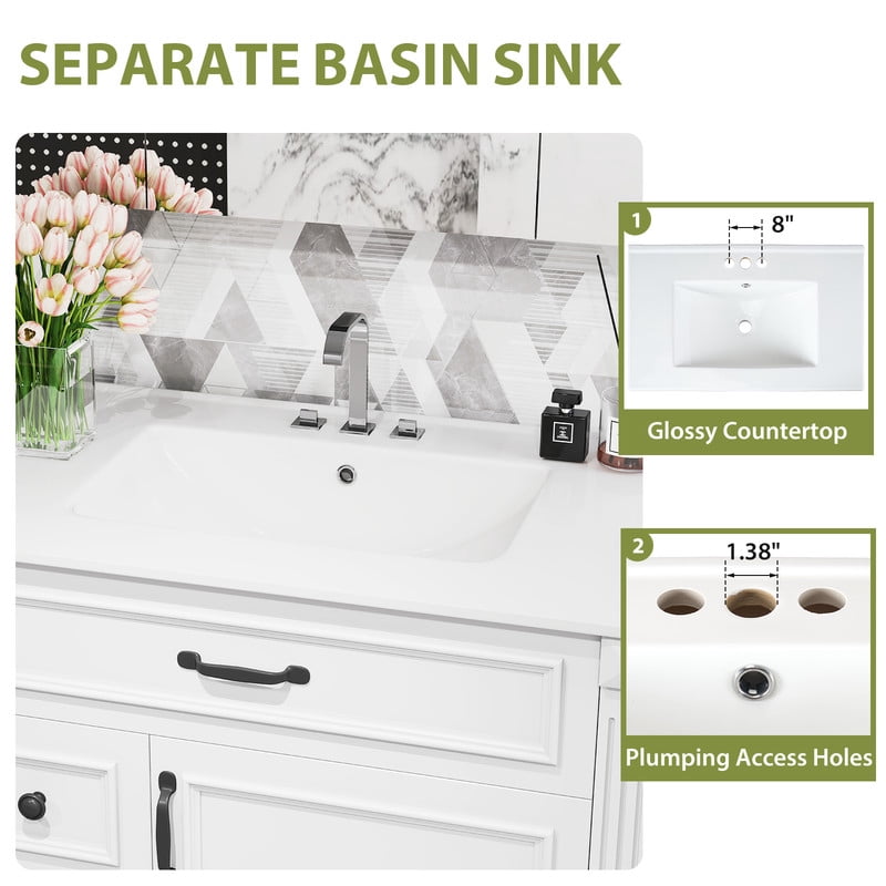 Gianna 30" Bathroom Vanity with Sink, Bathroom Storage Vanity Sink with 1 Door&3 Drawers,Free Standing Bathroom Cabinet with Sink, Easy Assembly, NO Mirror Faucet (White)
