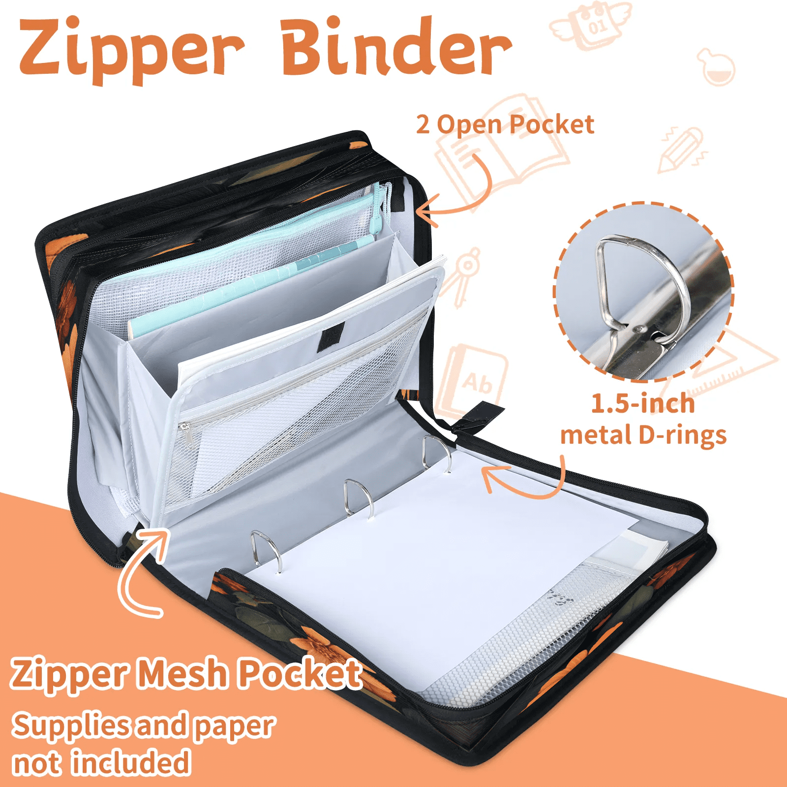 Herdesigns Black Cat Zipper Binder with Shoulder Strap, Waterproof 1.5 Inch 3 D-Ring Binder Organizer Bag, Fits 13 Inch Laptop for Work, Cute Cat