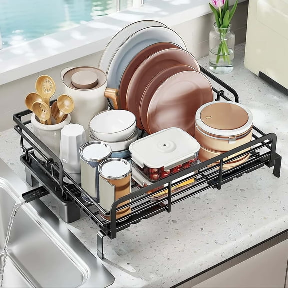 Dish Drying Rack, Expandable Dish Rack, Black Carbon Steel Dish Draine for Kitchen Counter