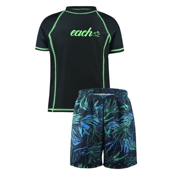 Rggeeun Child Boys Swimsuit Set 2Pc Letter Print Short Sleeve Crew Neck Top & Elastic Waist Tie-Dye Floral Pattern Loose Fit Knee Length Trunks for Summer Beach Wear Cozy Swimwear,Black,11-12 Years