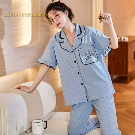 

QWZNDZGR Spring Summer Short Pijama Cartoon Print Women s Pajamas Set Kawaii Girl Nightwear Plaid Pants Sleepwear Lounge Homewear Fashion