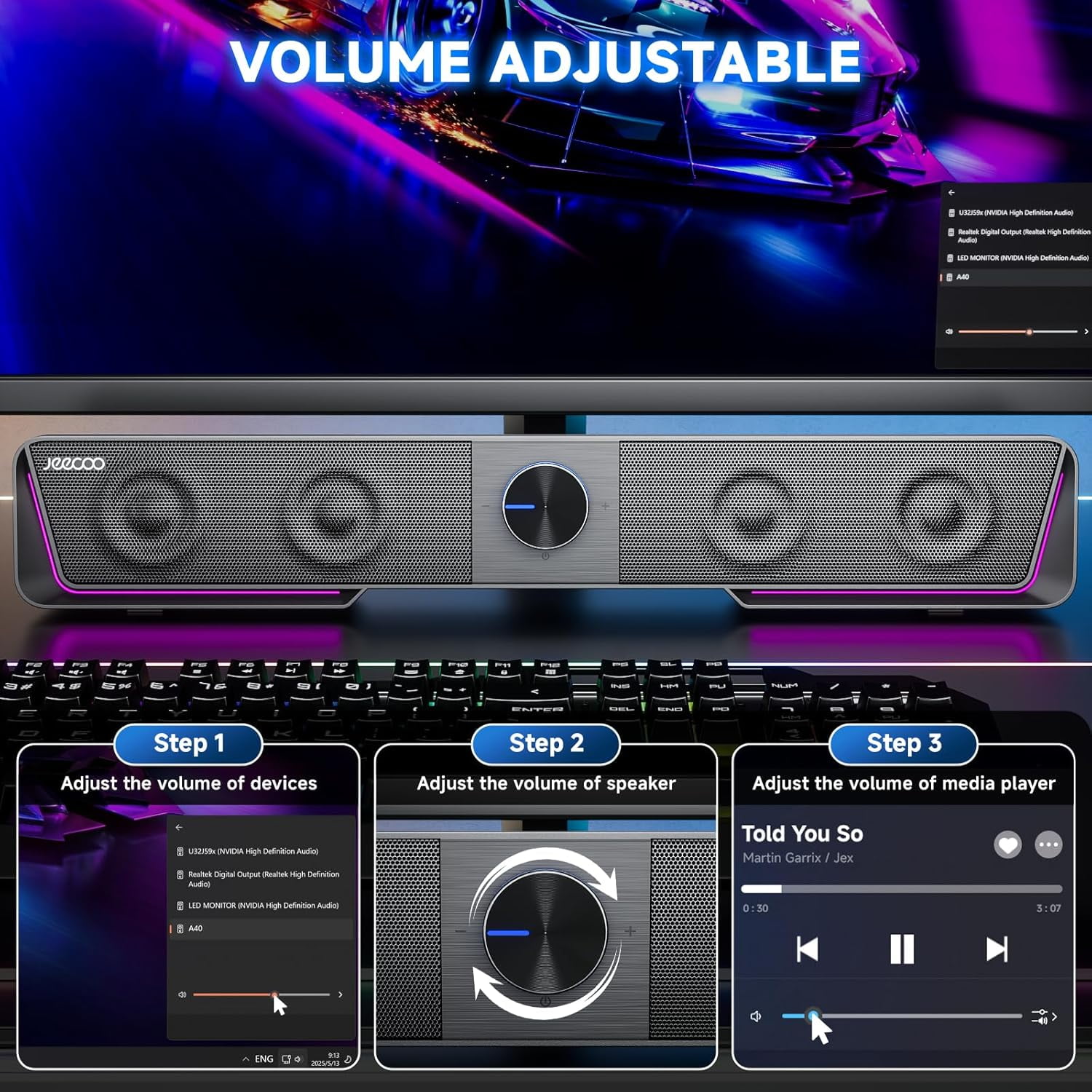 A40 Bluetooth Computer Speakers with Clear Sound, USB Plug & Play PC Speakers with LED Light, Computer Sound Bar with Switch Button for Desktop Laptop Monitor (USB-C Adapter Included)