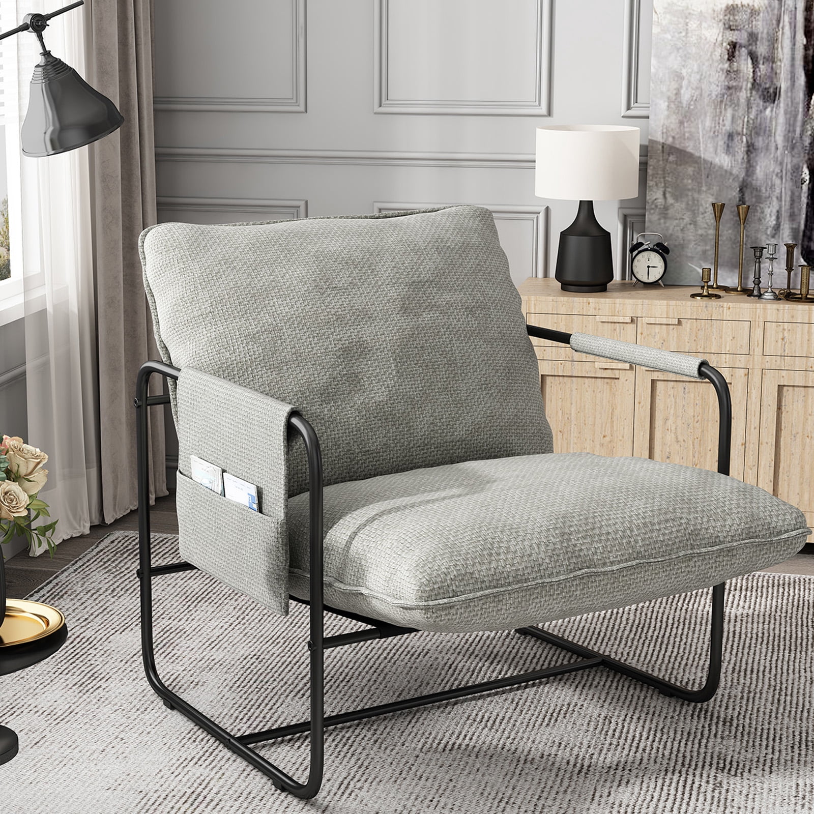 HomeZeer Metal Framed Sling Accent Chair, Living Room Accent Arm Chair with Removable Storage Bag, Linen Fabric Upholstered Leisure Chair for Reading Room, Beige
