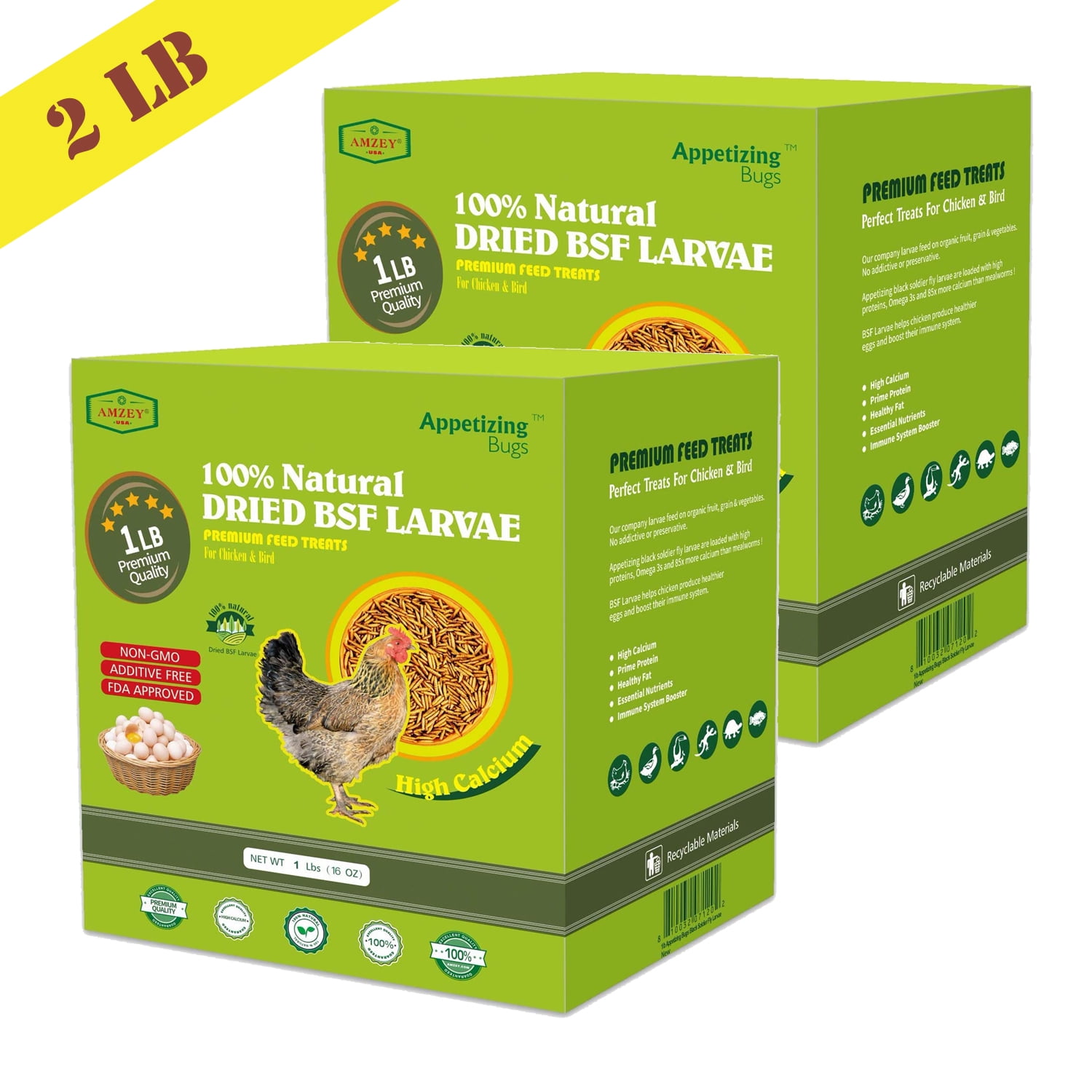 Amzey 2 Pack 1 lb Dried Black Soldier Fly Larvae, Superior to Dried Mealworms Chicken Feed, 2 lbs Total