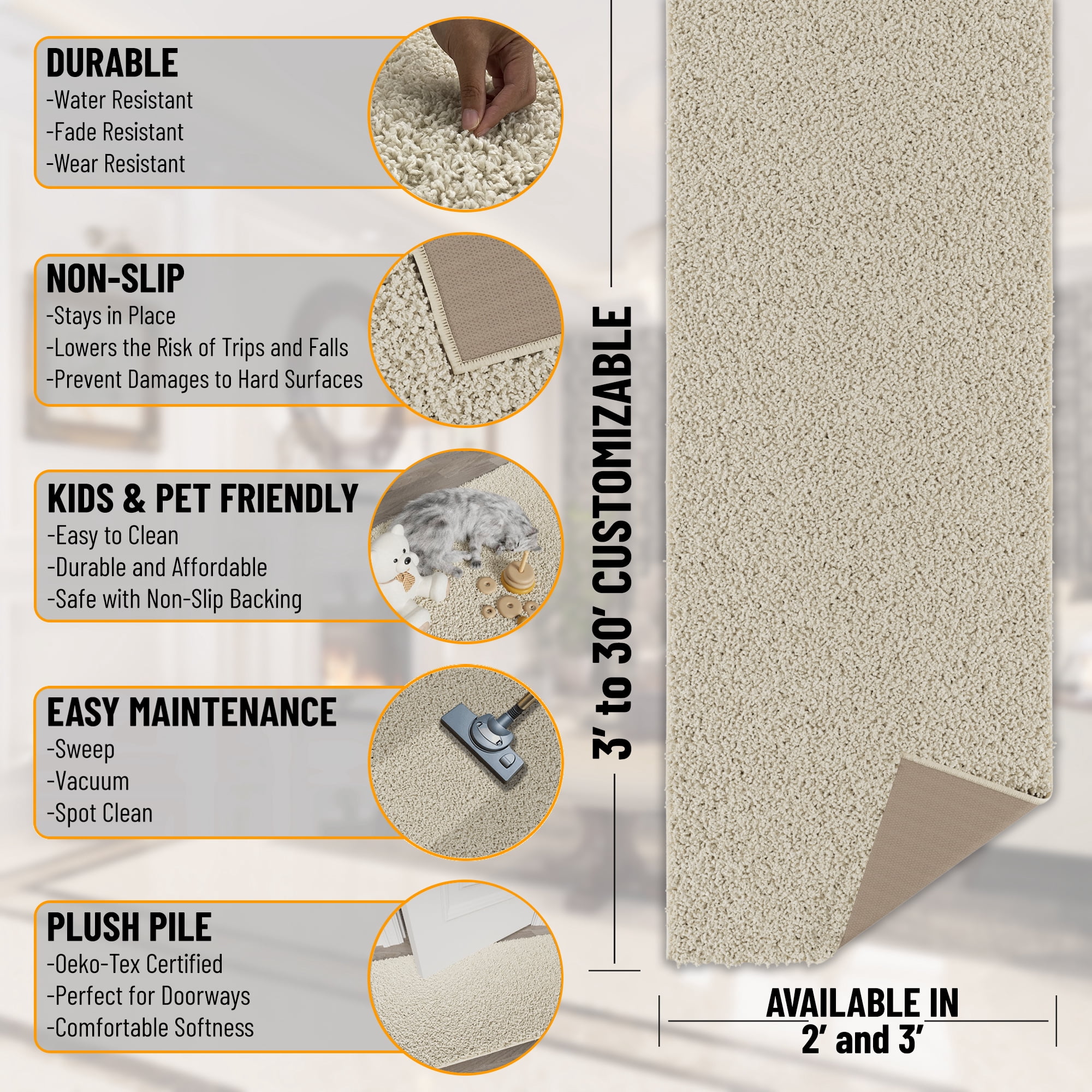 Ottomanson 3x12 Non-Slip Shag Runner Rug Plush Carpet for Bedrooms & Hallways, 3' x 12', Cream