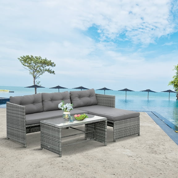 Outsunny 3 Piece Patio Furniture Set, Rattan Outdoor Sofa Set with Chaise Lounge & Loveseat, Soft Cushions, Tempered Glass Table, L-Shaped Sectional Couch, Charcoal