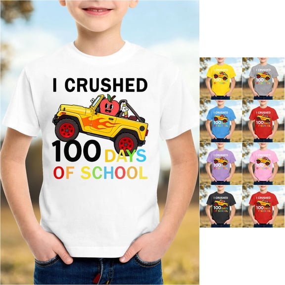 Trendfront Kids Back To School T Shirts 100 Days of School Cartoon Patterned Crewneck Short Sleeve Loose Fit Graphic Tee