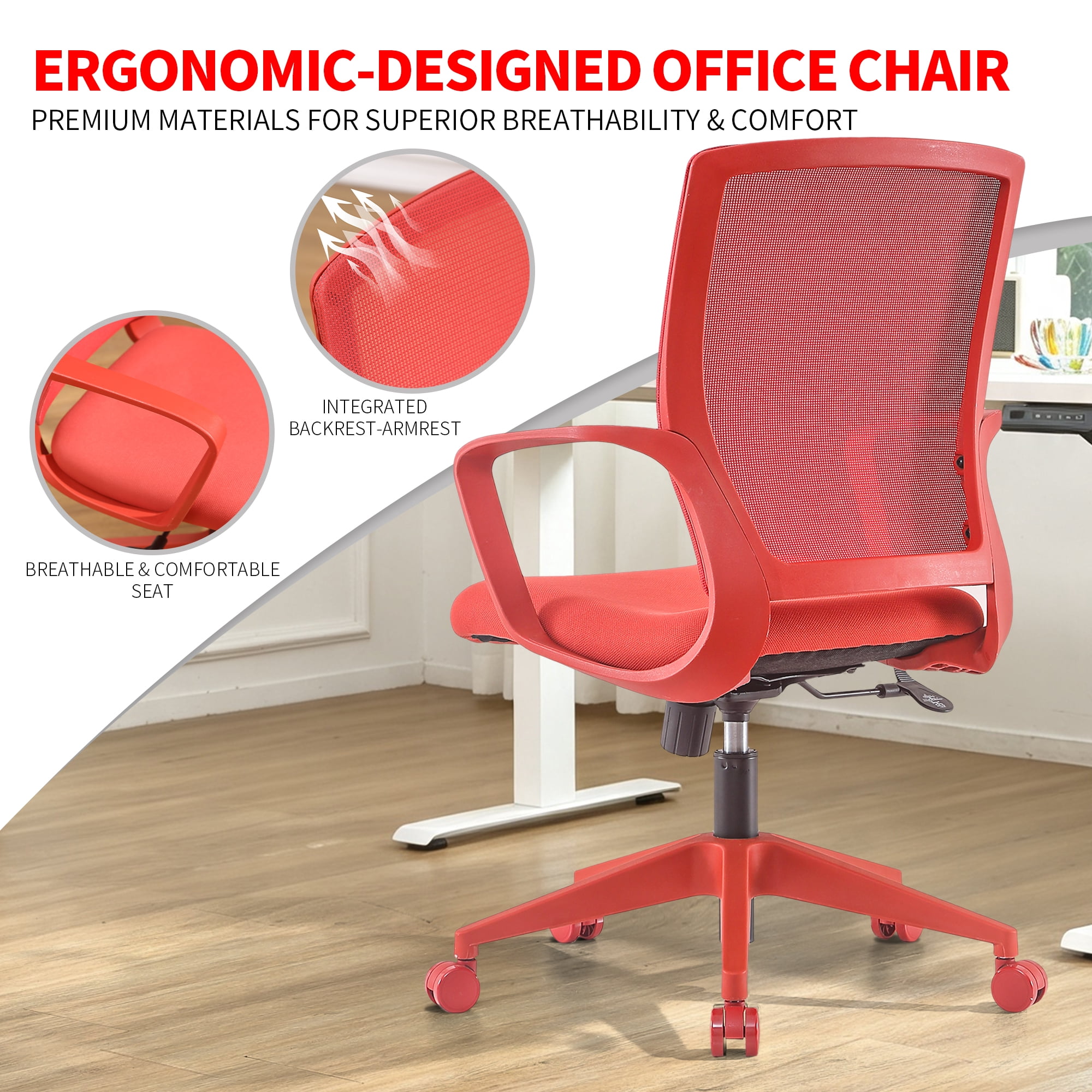 Colorful Office Task Chair 350LBS, Home Office, Mesh Back,Comfortable Sitting, Fixed Armrest, Swivel, Height Adjustable Chair (Red)