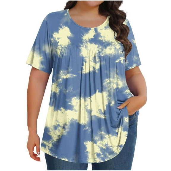 cocolona Womens Plus Size Summer Tops Crew Neck Short Sleeve Front Pleated T-shirts Casual Loose Tie Dye Tees Blouse