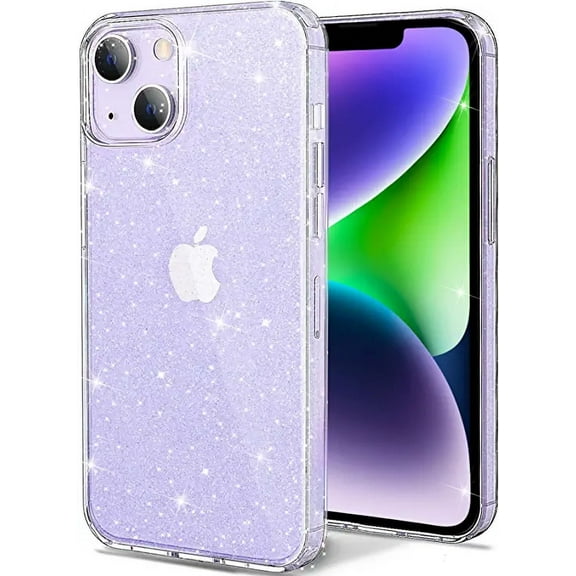 Entronix Glitter Clear Case for iPhone 14 Plus, [Yellow Resistant] Hard Back Soft Bumper