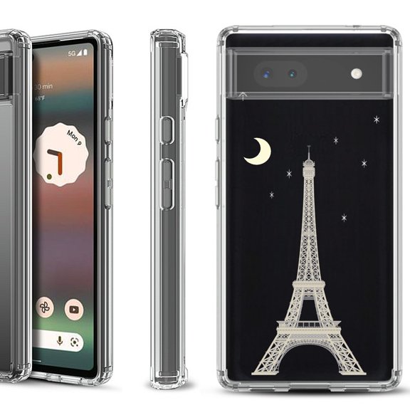 Shockproof Bumper Phone Case for Google Pixel 6a, by OneToughShield ® - Eiffel Tower Moon