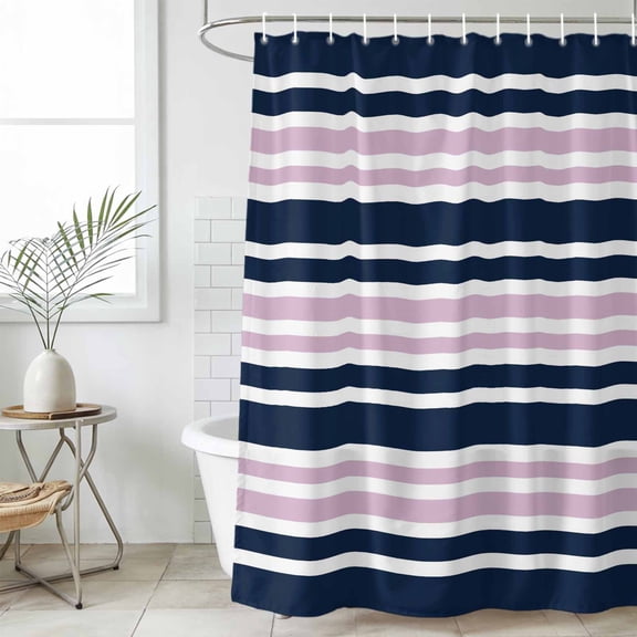 Navy Blue Pink Striped Waterproof Fabric Shower Curtain,Gradient Horizontal Lines Waterproof Fabric Shower Curtain for Bathroom Curtains Bathtubs Hotel Shower Curtains with 12 Hooks Standard 66x72