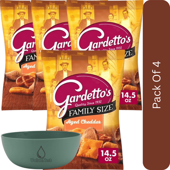 Gardetto's Aged Cheddar Snack Mix, Family Size Pub & Party Mix, 14.5 oz Bag-4pk, With Olive Green Bowl By ValueNest
