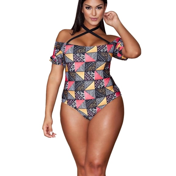Summer Savings Clearance! Off Shoulder Swimsuit Women Plus Size One Piece Bathing Suit Bandage Push Up Bikini Monokini Vintage Swimwear Tummy Control Swimming Wear For Womens