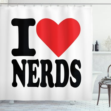Nerdy Shower Curtain, I Love Nerds Words with a Heart Modern Design Elements Lettering, Fabric Bathroom Set with Hooks, 69W X 70L Inches, Vermilion Charcoal Grey White, by Ambesonne
