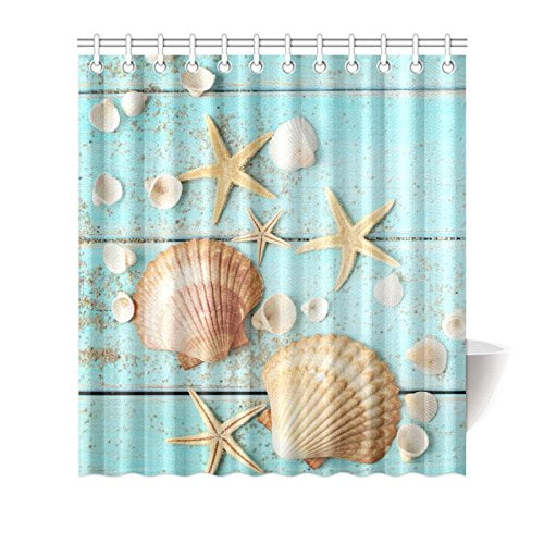 Mkhert Summer Blue Wooden Seashell Starfish Decor Waterproof Polyester Fabric Shower Curtain Bathroom Sets 66x72 Inch Walmart Com Walmart Com